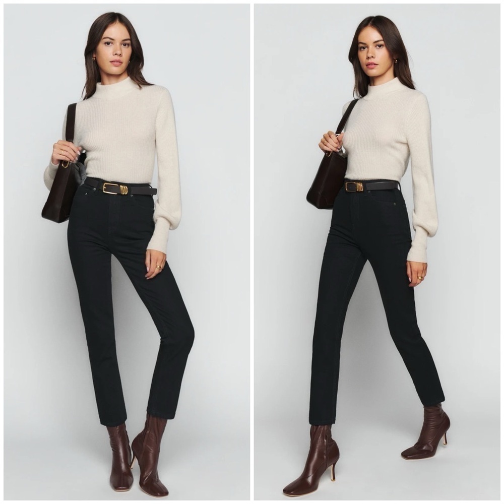 REFORMATION Liza High Straight Crop Jeans In Faded Black